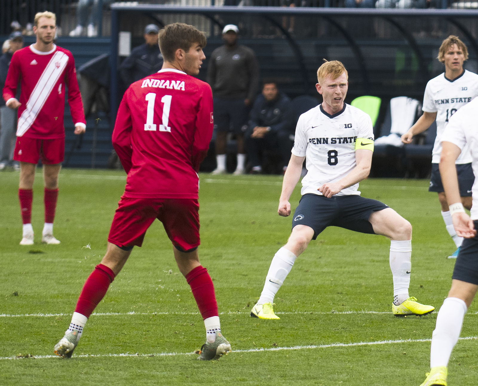 Men's Soccer v. Indiana, Molloy (8) Reacts to Goal